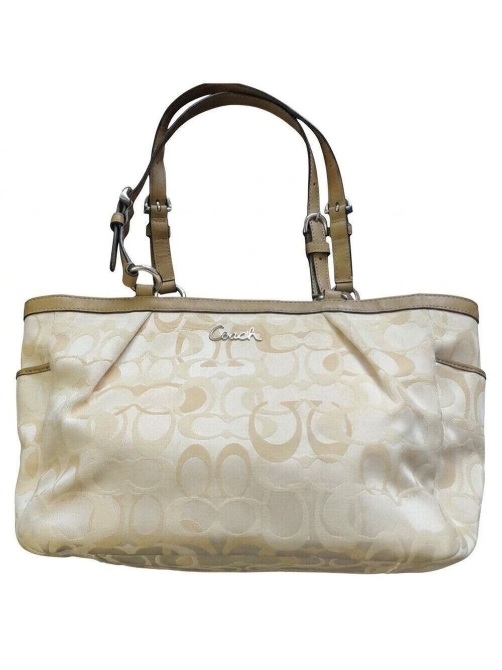 Coach Signature Jacquard Canvas Tote Cream Tan Leather Trim 0495 - Picture 2 of 12